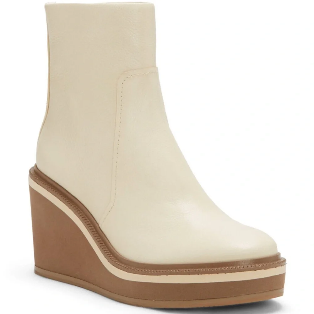 LO.SANJI Cream Leather Platform Wedge Ankle Boots Rear Zip Size 11 Brazil